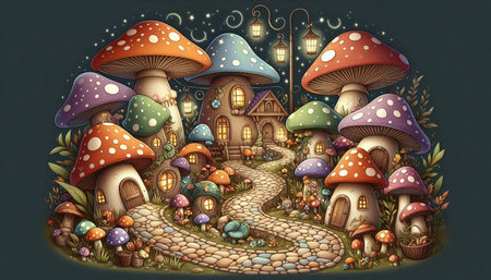 Mushroom village in the magic forest. Fairytale landscape.