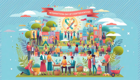 International Day of Cooperatives. People engaged in cooperative activities. Vector illustration