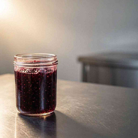 A jar of black currant jam on a table in the kitchen
