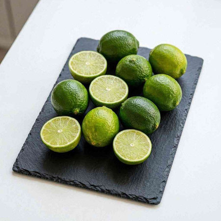 Fresh limes on a black slate plate on a white background.
