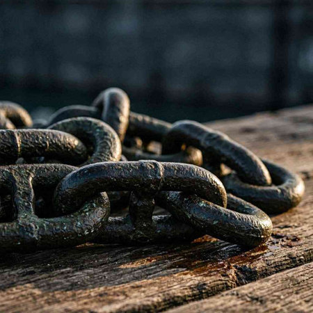 A closeup shot of a rusty chain on a wooden pier with blurred background