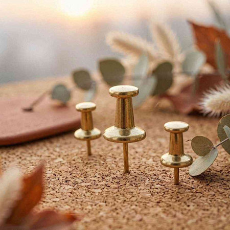 A group of golden nails on a cork board with autumn leaves