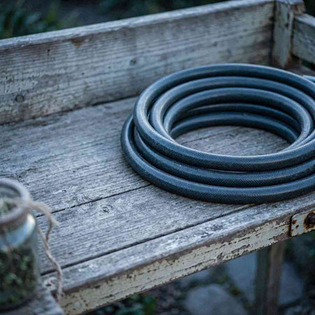 Abandoned garden hose on a bench in the garden. Selective focus.