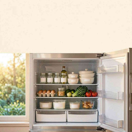 Open refrigerator with different food on the shelves. Free space for text.