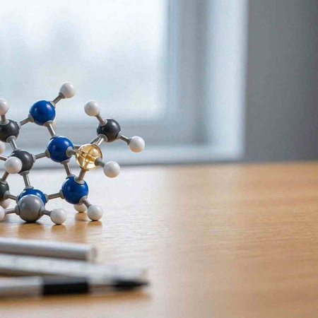 Molecular model and pencils on wooden table in the office