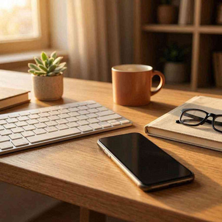 Working space with computer, coffee cup, smart phone and notebook on wooden table
