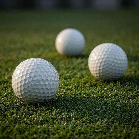 Golf balls on green grass ready to be shot into the hole