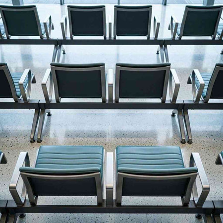 Empty chairs in the lobby of the airport. 3D rendering.