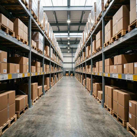 Warehouse interior with shelves and boxes. Industrial warehouse. Warehouse interior