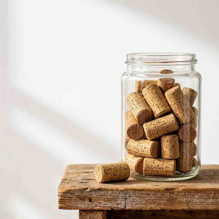 Wine corks in a glass jar on a wooden table and a white background