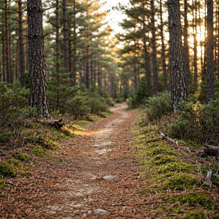 Path in the pine forest at sunset. Pine trees in the background.