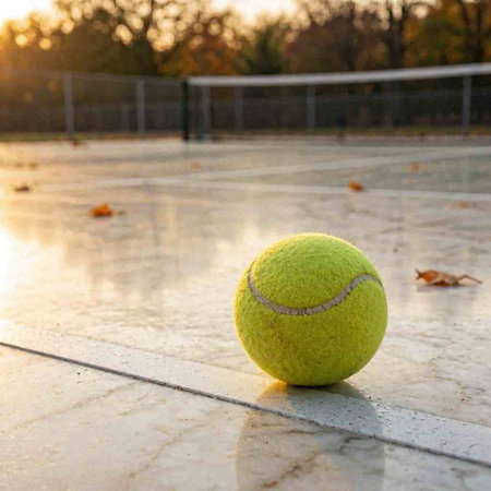 Tennis ball on the tennis court with a net in the background