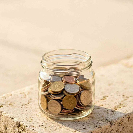 Coins in a glass jar on the background of the sea.