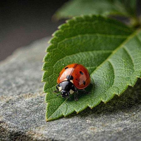 ladybug on a green leaf on a dark background. macro