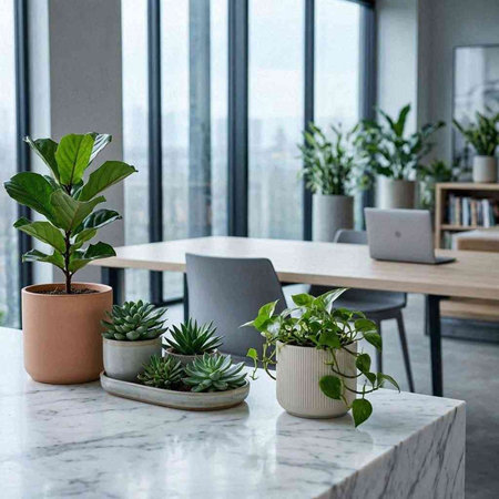 Interior of modern office with plants in pots on white marble desk