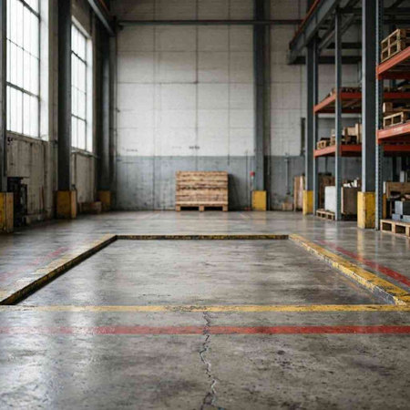 Interior of a large warehouse. Concrete floor and rows of shelves.