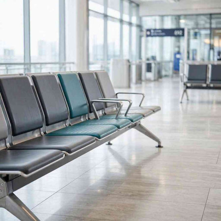 Waiting room at the airport with chairs and waiting room in background