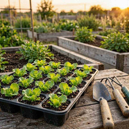 Organic vegetable garden. Gardening tools and seedlings on wooden background