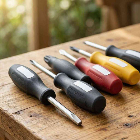 Set of screwdrivers on a wooden table. Close-up.