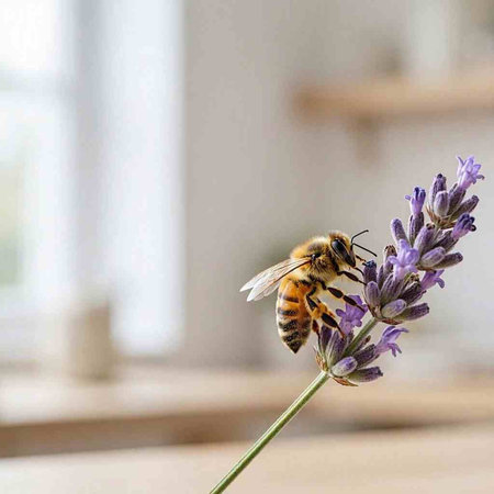 Bee on lavender flower. Honey bee pollinating lavender flower.