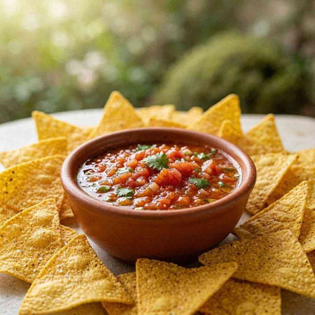 Mexican salsa with nachos chips on a wooden table.