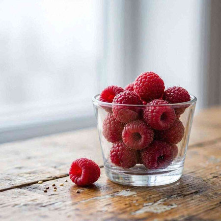 Ripe raspberries in a glass bowl on a wooden table