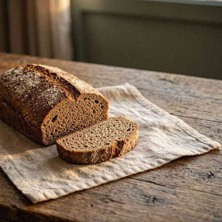 Sliced rye bread on a linen napkin on a wooden table