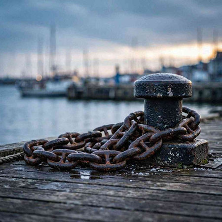 Old rusty mooring bollard on a pier at sunset