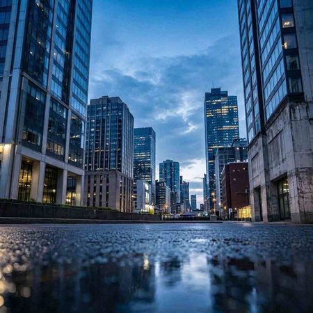 Reflection of skyscrapers in the puddle on the street