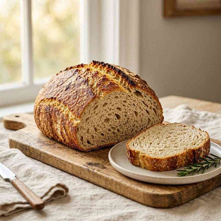 Freshly baked bread with rosemary on a wooden board in the kitchen