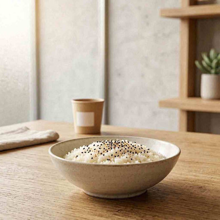 bowl of rice with sesame seeds on wooden table in modern kitchen