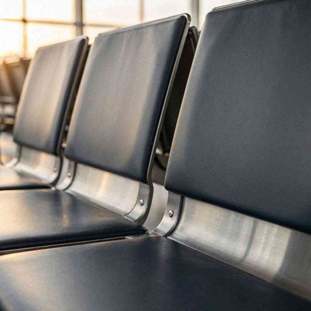 Empty seats in the airport waiting room. Close-up of black chairs