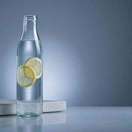 Glass bottle of water with a lemon on a gray background. Copy space.