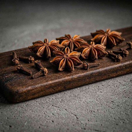 Star anise spice on a wooden cutting board on a dark background