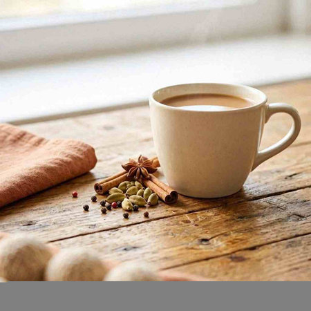 Cup of coffee with spices on a wooden table, selective focus