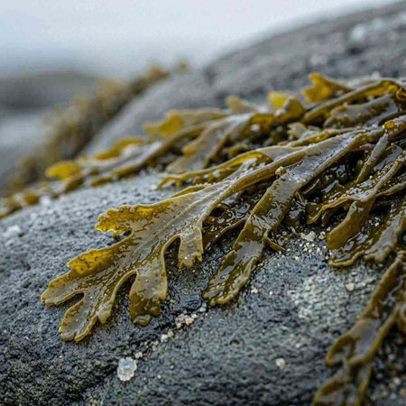 Close up of seaweed on black rock at low tide on the beach
