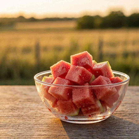 Watermelon slices in a glass bowl on a wooden table in a field