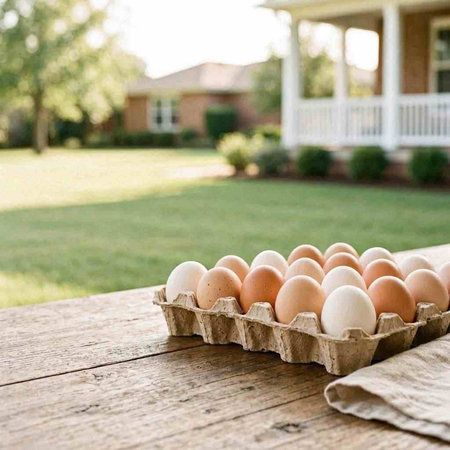 Eggs in carton box on wooden table with garden background