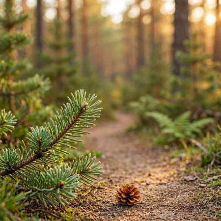 Pine tree with cones in the coniferous forest at sunset