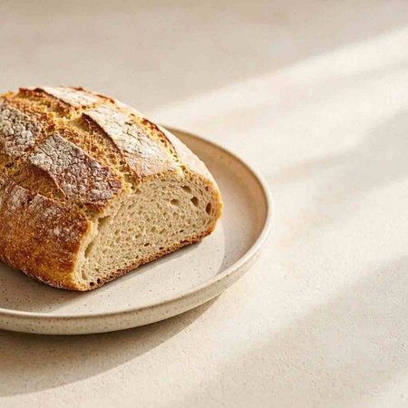 Freshly baked loaf of bread on a gray plate on a light background