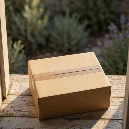 Cardboard box on a wooden table in the sunlit garden.