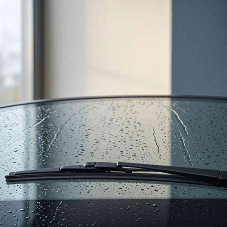 Wiper on a black glass with water drops, close-up