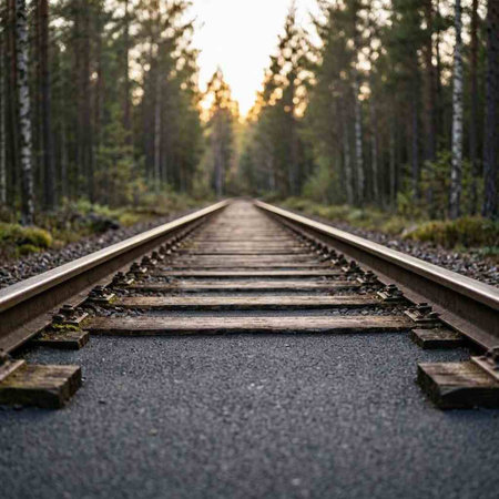 Railway tracks in the forest at sunset. Transportation and travel concept