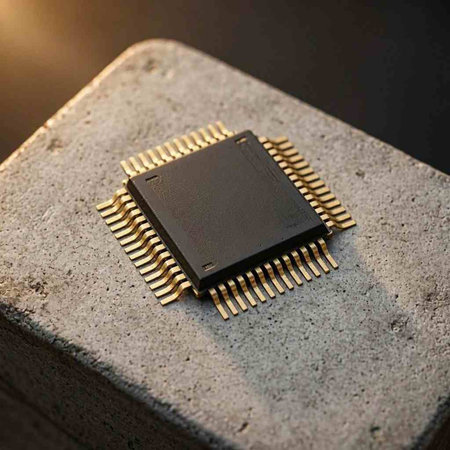 Computer processor chip on concrete block. Close up. Technology concept.