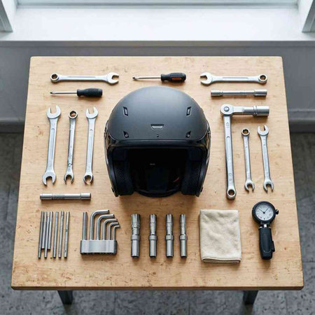 Motorcycle helmet and tools on a wooden table. Top view.