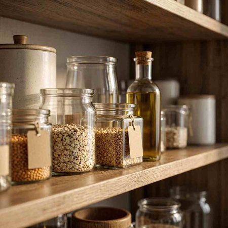 Glass jars with different kinds of cereals on a wooden shelf.