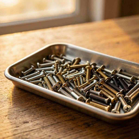 Metal tray with screws on a wooden background. Close-up.