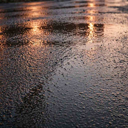 raindrops on the asphalt in the rays of the setting sun.