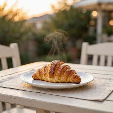 Freshly baked croissant on a white plate on a wooden table