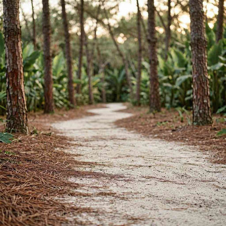 Pathway in the forest with pine trees and sunbeams.